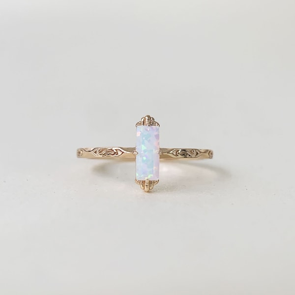 Vintage Opal Engagement Ring, Baguette White Opal Ring, Solitaire Fire Opal Ring, Dainty Opal ring, October Birthstone Rings for women