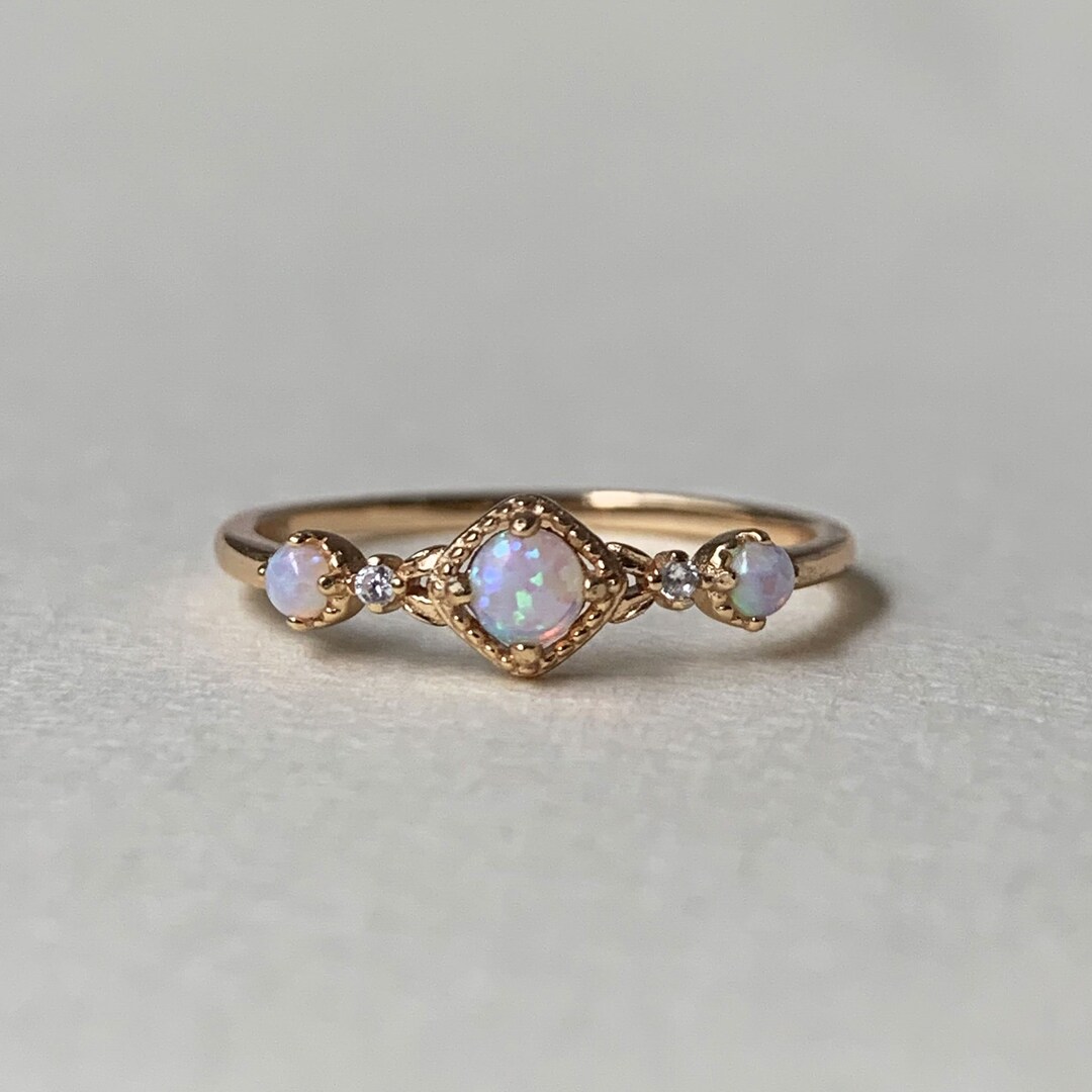 Vintage Opal Promise Ring Gold Plated Sterling Silver Dainty Rings