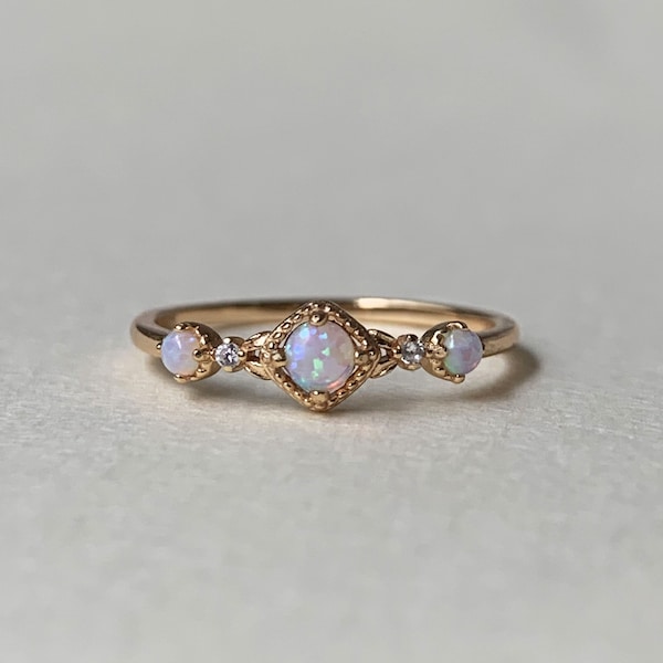 Vintage Opal Promise Ring Gold Plated Sterling Silver Dainty Rings Stacking October Birthstone Art Deco Anniversary Gift
