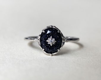 Vintage Blue Sandstone Engagement Ring Sterling Silver Flower Solitaire Promise Wedding Rings Unique Dainty Galaxy Gemstone Jewelry