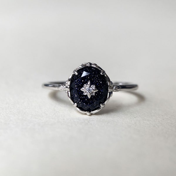 Vintage Blue Sandstone Engagement Ring Sterling Silver Flower Solitaire Promise Wedding Rings Unique Dainty Galaxy Gemstone Jewelry