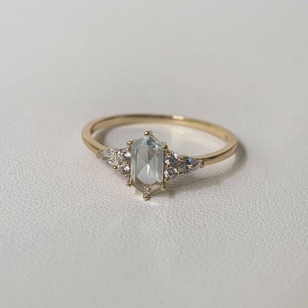 Hexagon Sky Blue Topaz Engagement Ring Gold Art Deco Petite Promise Rings November Birthstone Ring Anniversary Gift for Women