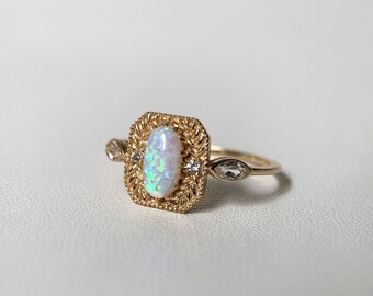 Gold Opal Promise Ring October Birthstone Rings Vintage Sterling Silver Oval White Fire Opal Ring Marquise White Topaz Statement Jewelry