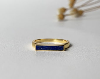 Lapis Lazuli Ring Gold Plated Sterling Silver Lapis Stone Ring Bezel Set Baguette Cut Blue Gemstone Rings for Women Minimalist Jewelry