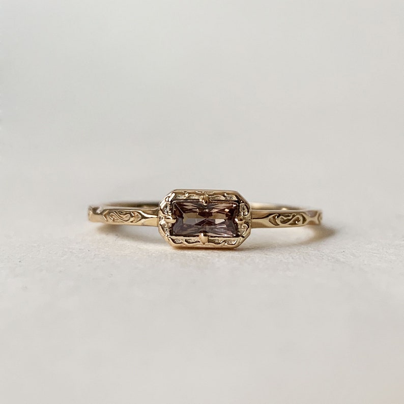 Baguette Ring, Vintage Filigree Solitaire Ring, Brown Cubic Zirconia Ring, Stackable Gold Sterling Silver Ring, Stacking Wedding Band image 1