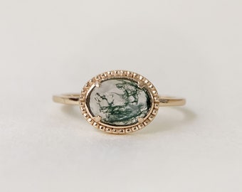 Oval Moss Agate Engagement Ring Gold Rose Cut Natural Gemstone Solitaire Rings Unique Promise Anniversary Jewelry gift for Women