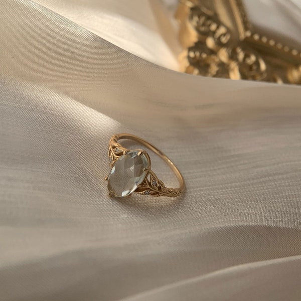 Oval Engagement Ring Green Amethyst Prasiolite Quartz Ring Gold Plated Sterling Sliver Rings Vintage Antique Unique Promise Ring Gift