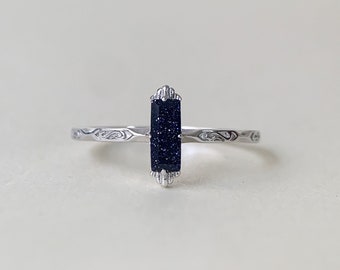 Blue Sandstone Engagement Ring Sterling Silver Solitaire Promise Wedding Rings Unique Cross Dainty Galaxy Gemstone Jewelry