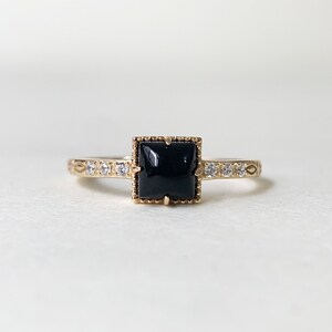 Vintage Black Onyx Engagement Ring, Cushion Cut Agate Gems, Square Black Gemstone, Dainty Promise Ring, Gold Unique Boho Statement Rings image 1