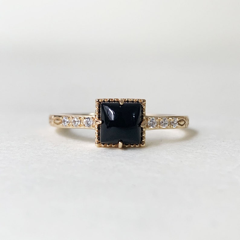 Vintage Black Onyx Engagement Ring, Cushion Cut Agate Gems, Square Black Gemstone, Dainty Promise Ring, Gold Unique Boho Statement Rings image 1