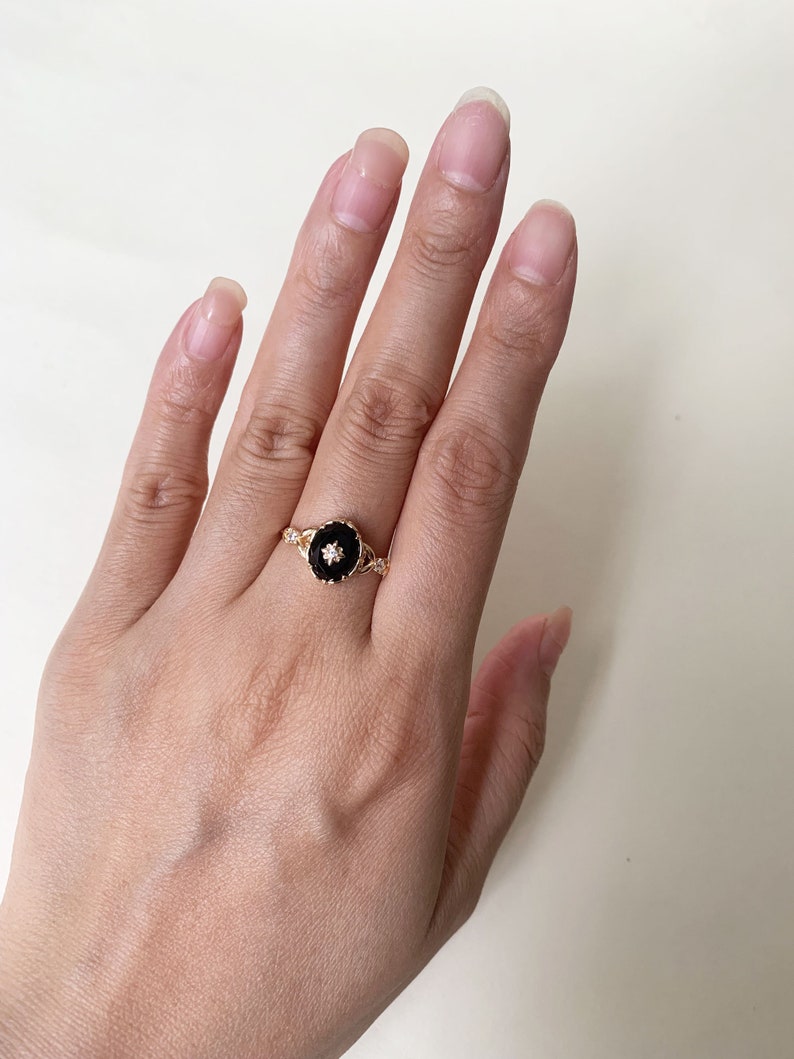 Vintage Black Onyx Engagement Ring Gold Art Deco Promise Ring Sterling Silver Unique Oval Agate Gems Statement Rings Anniversary Jewelry image 5