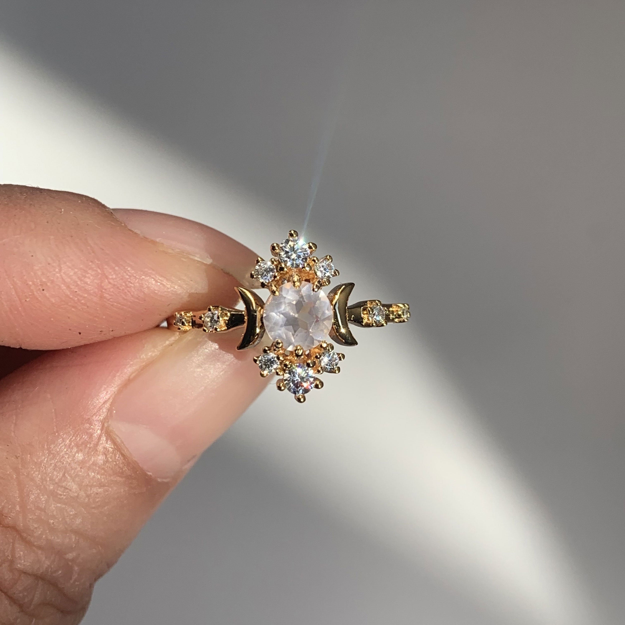 Rose Quartz Engagement Ring Sterling Silver Moon Star Ring Etsy UK