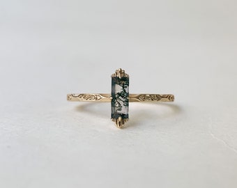 Moss Agate Engagement Ring Vintage Gold Baguette Solitaire Band Rings Unique Promise Anniversary Wedding Jewelry gift for Women