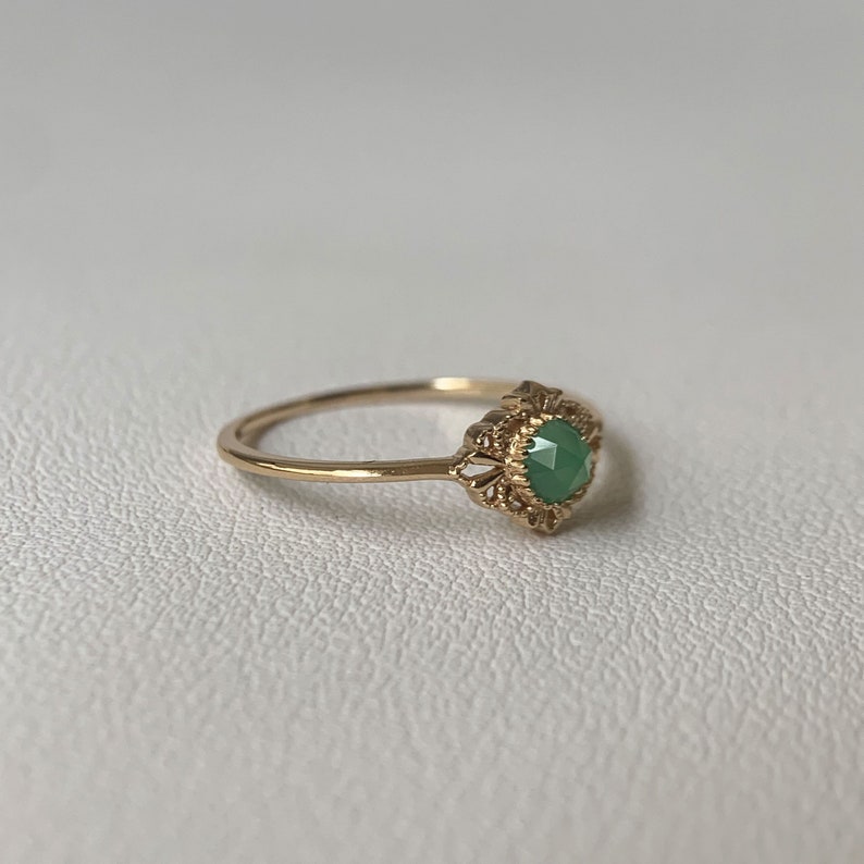 Dainty Chrysoprase Engagement Ring Vintage Filigree Gold Plated Unique Solitaire Rings Floral Wedding Ring Anniversary Gift for her image 3