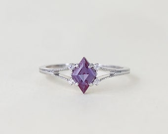 Alexandrite Engagement Ring Sterling Silver Dainty CZ Promise Wedding Ring Art Deco Hexagon June Birthstone Ring Unique Color Change Stone