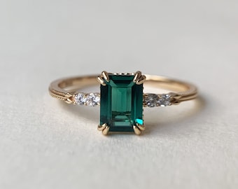 Vintage Emerald Engagement Ring Gold Dainty May Birthstone Green Gemstone Unique Sterling Silver Promise Wedding Statement Jewelry