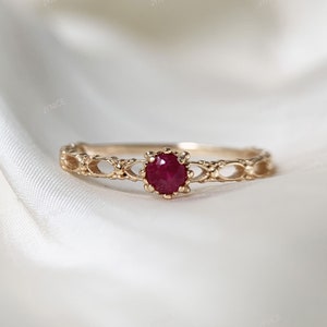 Dainty Ruby Promise Ring Vintage Gold Plated Round July Birthstone Ring Solitaire Wedding Ring Anniversary Birthday Gift