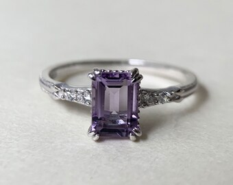 Amethyst Engagement Ring Sterling Silver Emerald Cut February Birthstone Natural Purple Crystal Art Deco Anniversary Promise Jewelry