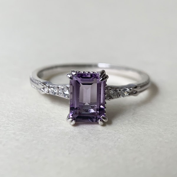 Amethyst Engagement Ring Sterling Silver Emerald Cut February Birthstone Natural Purple Crystal Art Deco Anniversary Promise Jewelry