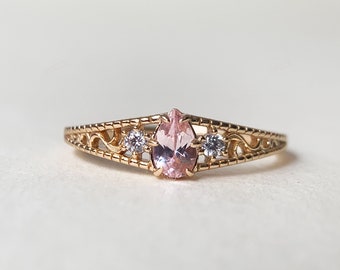 Pink Sapphire Promise Ring Gold Pear Cut Pink Lab Gemstone Ring Dainty Vintage Anniversary Ring for Women