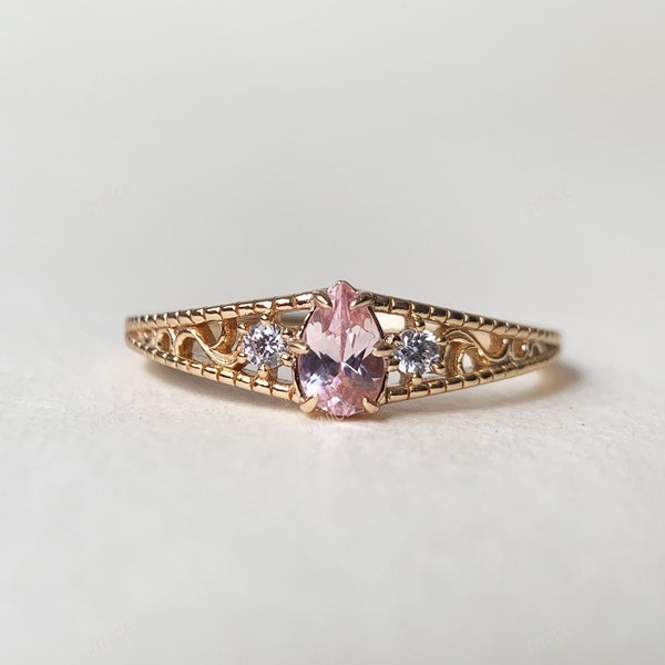 Pink Sapphire Promise Ring Gold Pear Cut Pink Lab Gemstone Ring Dainty Vintage Anniversary Ring for Women