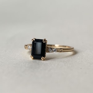 Vintage Black Onyx Engagement Ring,Emerald Cut Agate Gems,Art Deco Wedding Ring,Gold Unique Boho Statement Rings Anniversary Gift