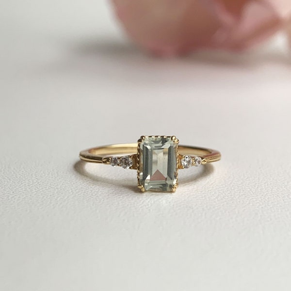 Natural Green Amethyst Ring Emerald Cut Prasiolite Rings  925 Sterling Silver February Birthstone Jewelry Anniversary Birthday Gift For Her