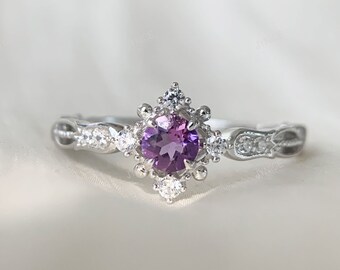 Zierliche Amethyst Versprechen Ring Sterling Silber Zirkonia Ring Natürliche Runde Februar Birthstone Ringe Lila Kristall Jahrestag Schmuck