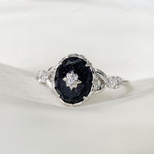 Blue Sandstone Engagement Ring Sterling Silver Vintage Floral Promise Wedding Rings Unique Galaxy Gemstone Jewelry