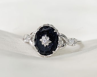 Bague de fiançailles en grès bleu en argent sterling Vintage Floral Promesse alliances Bijoux uniques en pierres précieuses de galaxie