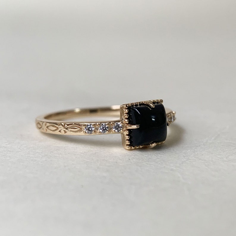 Vintage Black Onyx Engagement Ring, Cushion Cut Agate Gems, Square Black Gemstone, Dainty Promise Ring, Gold Unique Boho Statement Rings image 2