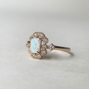 Vintage Opal Engagement Ring, Gold Plated White Opal Ring, CZ Halo Ring, Dainty Opal ring, Baguette October Birthstone Ring image 4