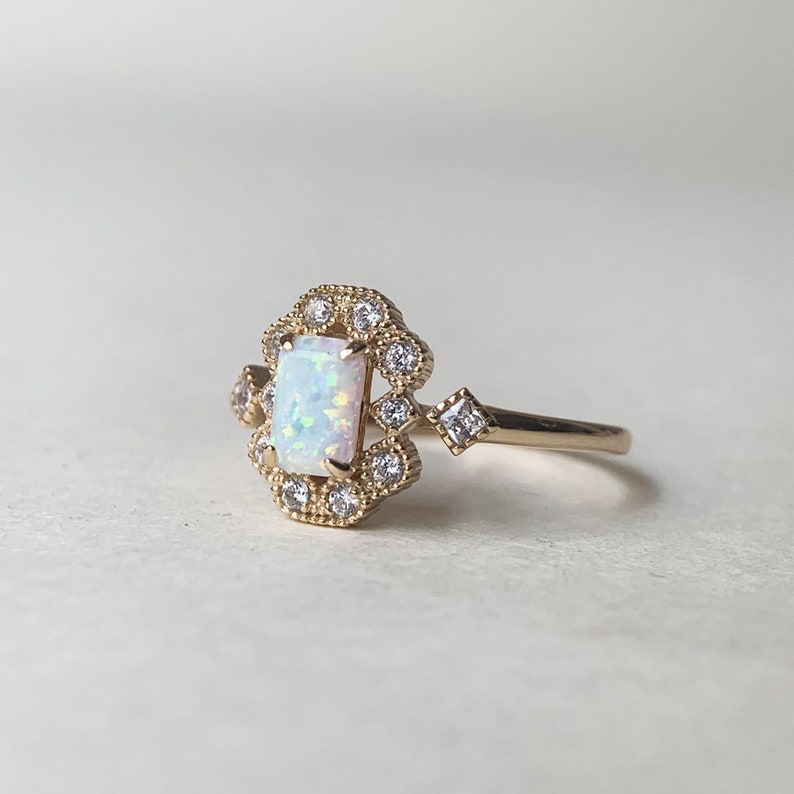 Vintage Opal Engagement Ring, Gold Plated White Opal Ring, CZ Halo Ring, Dainty Opal ring, Baguette October Birthstone Ring image 4