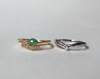 Dainty Chrysoprase Engagement Ring Set, Vintage Filigree V Shaped Wedding Band Unique Floral Promise Ring Anniversary Gift for her