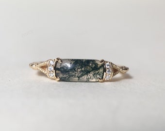 Nature Moss Agate Wedding Band Ring Gold Art Deco Unique Baguette Cut Green Agate Promise Rings Minimalist Jewelry gift