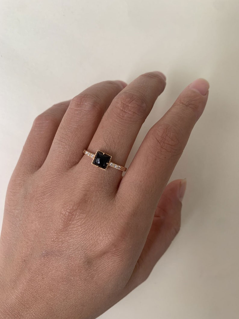 Vintage Black Onyx Engagement Ring, Cushion Cut Agate Gems, Square Black Gemstone, Dainty Promise Ring, Gold Unique Boho Statement Rings image 4