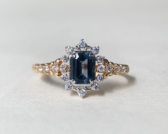 London Blue Topaz Engagement Ring Emerald Cut November Birthstone Rings Gold Silver Two Tone Jewelry Anniversary Birthday Gift
