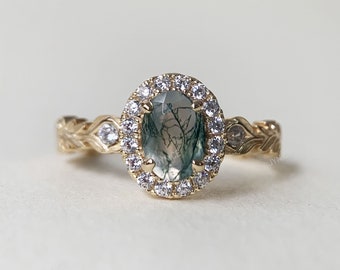 Moss Agate Engagement Ring Gold CZ Halo Promise Rings Unique Oval Gemstone Floral Wedding Anniversary Jewelry gift for Women