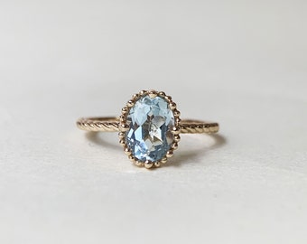 Sky Blue Topaz Engagement Ring Gold Plated Solitaire Promise Rings Oval November Birthstone Ring Anniversary Gift for Women