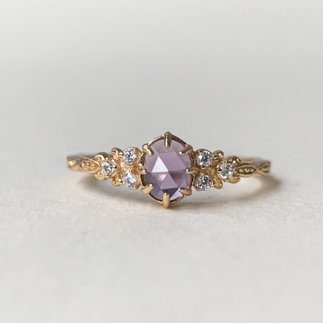 Dainty Amethyst Engagement Ring Vintage Gold Rose Cut February