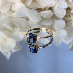 Blue Sandstone Ring Sterling Silver Emerald Cut Promise Engagement Wedding Rings Unique Dainty Galaxy Gemstone Jewelry Anniversary Gift