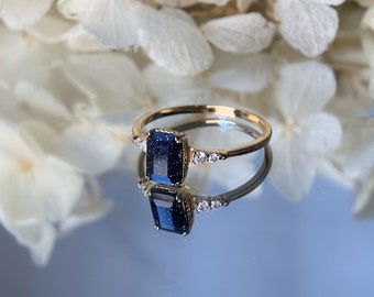 Blue Sandstone Ring Sterling Silver Emerald Cut Promise Engagement Wedding Rings Unique Dainty Galaxy Gemstone Jewelry Anniversary Gift