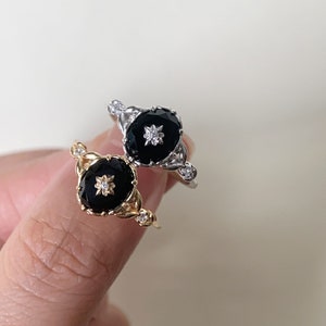 Vintage Black Onyx Engagement Ring Gold Art Deco Promise Ring Sterling Silver Unique Oval Agate Gems Statement Rings Anniversary Jewelry image 6