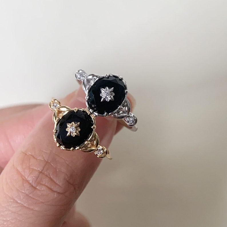 Vintage Black Onyx Engagement Ring Gold Art Deco Promise Ring Sterling Silver Unique Oval Agate Gems Statement Rings Anniversary Jewelry image 6