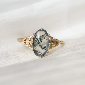 Natural Moss Agate Engagement Ring Vintage Unique Long Oval Green Agate Rings Leaf Promise Anniversary Wedding Jewelry gift