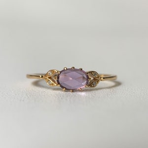 Dainty Natural Amethyst Ring Gold Oval February Birthstone Purple Crystal Leaf Band Delicate Ring 925 Silver Promise Jewelry