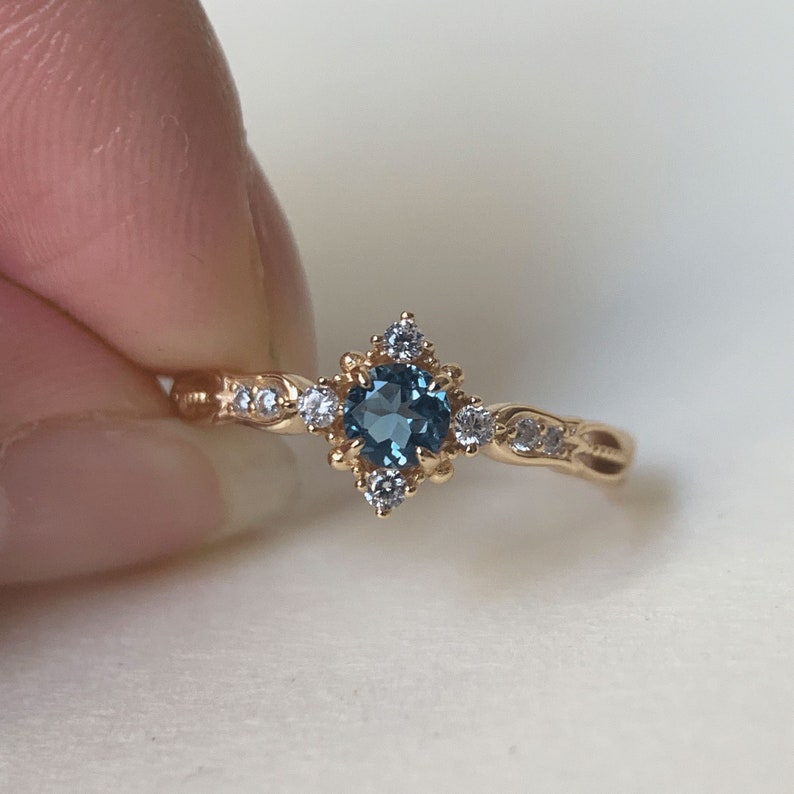London Blue Topaz Ring Vintage Gold Plated Floral Promise Rings Art Deco November Birthstone Ring CZ Promise Anniversary Gift for Women image 3