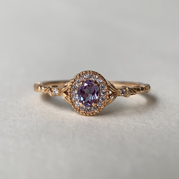 Vintage Alexandrite verlovingsring CZ Halo belofte trouwring Art Deco juni Birthstone Ring unieke kleurverandering steen jubileumcadeau