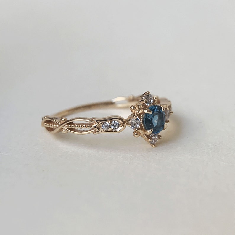 London Blue Topaz Ring Vintage Gold Plated Floral Promise Rings Art Deco November Birthstone Ring CZ Promise Anniversary Gift for Women image 2