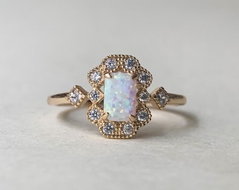 Vintage Opal Engagement Ring, Gold Plated White Opal Ring, CZ Halo Ring, Dainty Opal ring, Baguette October Birthstone Ring